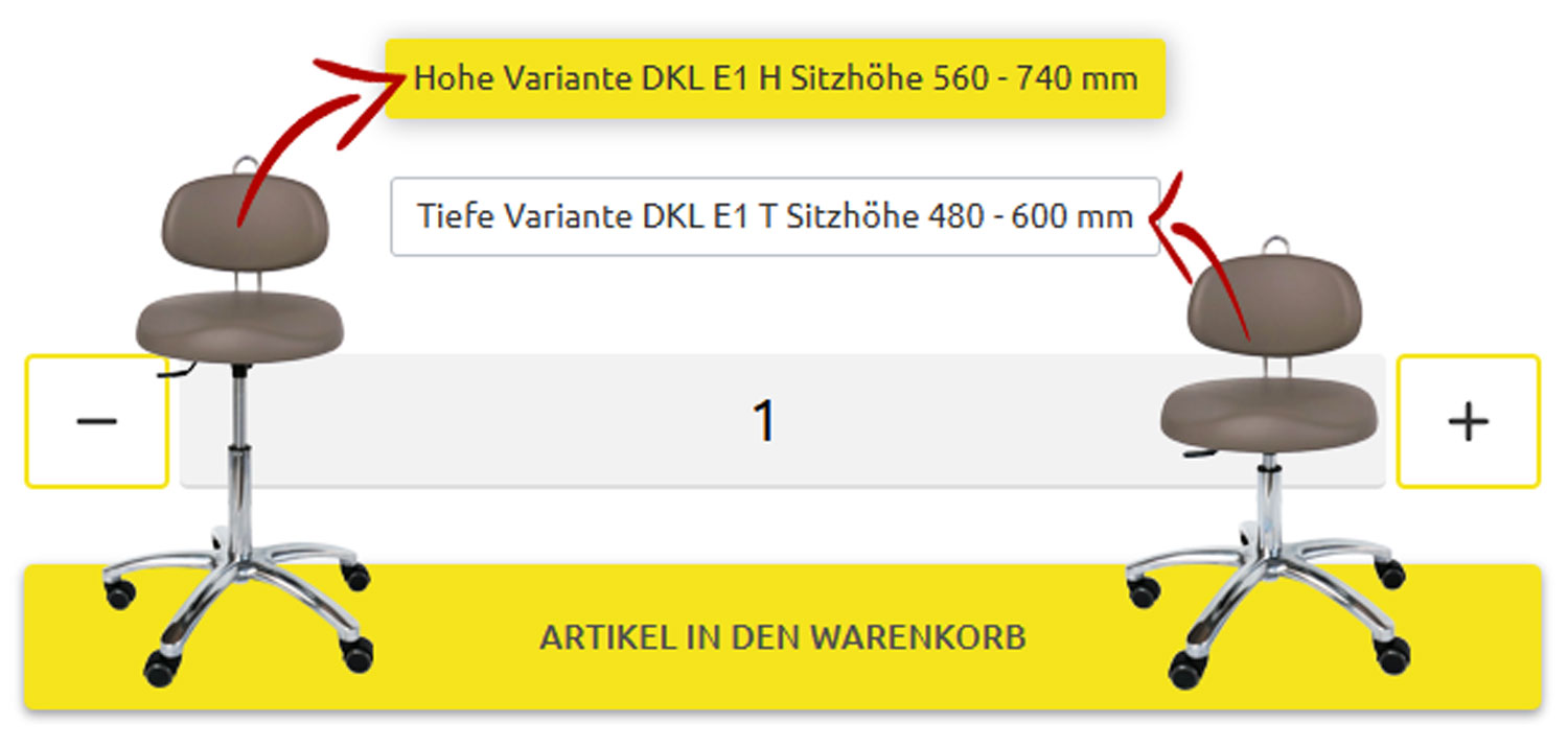 Shopauswahl Höhenvarianten Sitzhöhe DKL Dental Arbeitsstuhl E1H und E1T