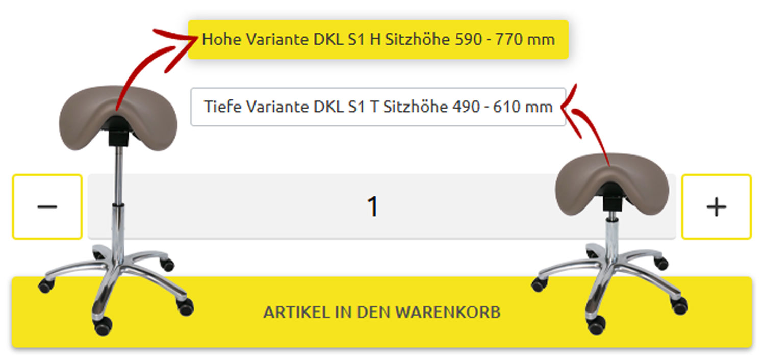 Shopauswahl Höhenvarianten Sitzhöhe DKL Dental Sattelstuhl S1H und S1T